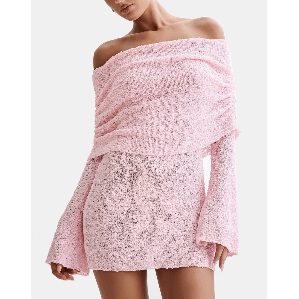 Meshki Marisol Off Shoulder Boucle Mini Dress Baby Pink XS Bell Sleeve New